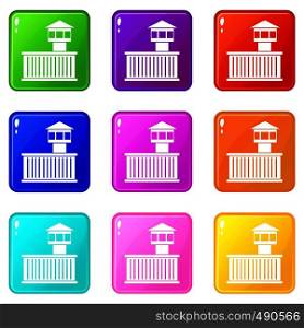 Prison tower icons of 9 color set isolated vector illustration. Prison tower set 9