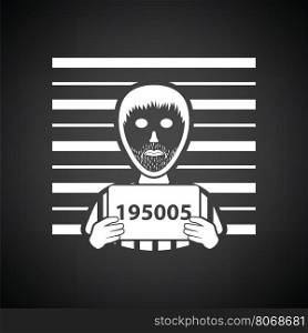 Prisoner in front of wall with scale icon. Black background with white. Vector illustration.