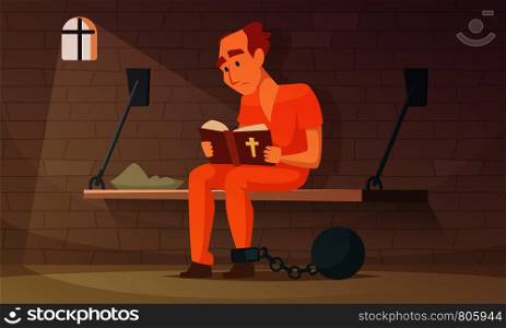 Prisoner sitting in cell and reading bible. Vector robber guy, illustration of criminal person in jail. Prisoner sitting in cell and reading bible