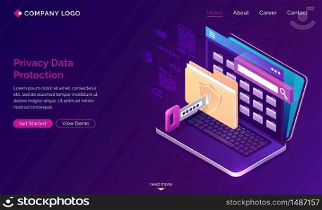 Privacy data protection banner. GDPR concept. Vector landing page of digital security of personal data, safety confidential information with isometric laptop with lock on folder, shield and key. Landing page of privacy data protection, GDPR