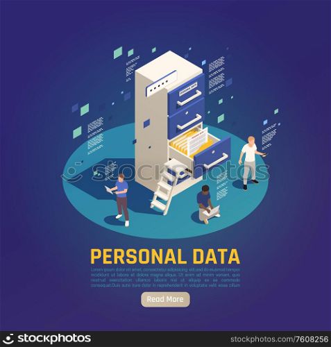 Privacy data protection gdpr isometric background with characters of reading people shelves and read more button vector illustration