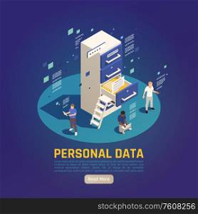 Privacy data protection gdpr isometric background with characters of reading people shelves and read more button vector illustration