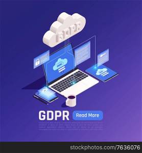 Privacy data protection gdpr isometric background with cloud pictogram connected with electronic devices with clickable button vector illustration. Privacy Data GDPR Background