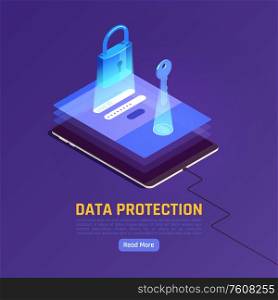 Privacy data protection gdpr isometric background with gadget and stack of screens with key and lock vector illustration