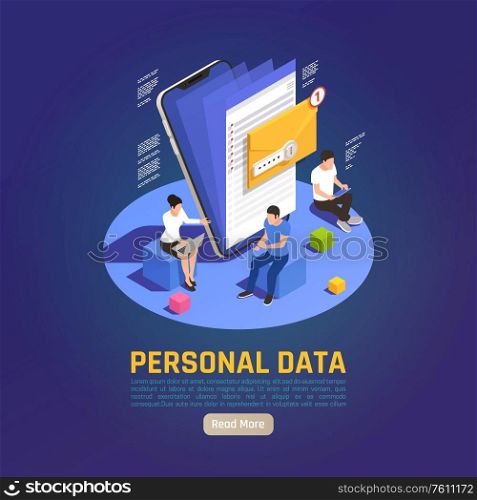 Privacy data protection gdpr isometric background with human characters folder pictogram and editable text with button vector illustration