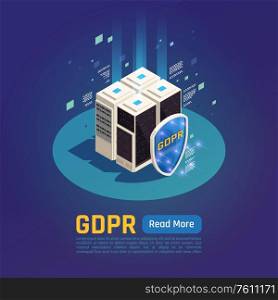 Privacy data protection gdpr isometric background with images of data servers with shield button and text vector illustration