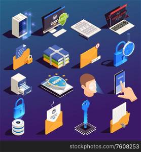 Privacy data protection gdpr isometric icon set with isolated images and 3d pictograms of electronic devices vector illustration