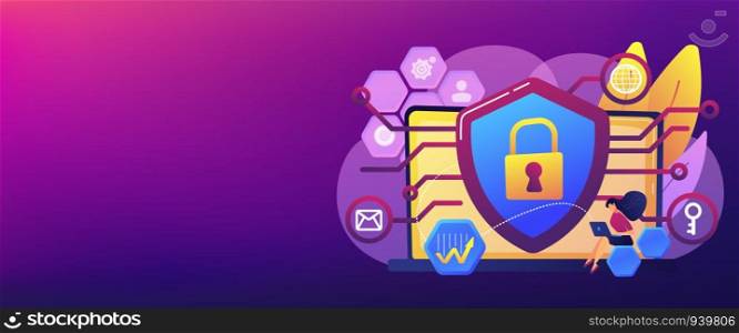Privacy engineer at laptop with shield improving level of systems privacy. Privacy engineering, privacy-centric model, personal data defence concept. Header or footer banner template with copy space.. Privacy engineering concept banner header.