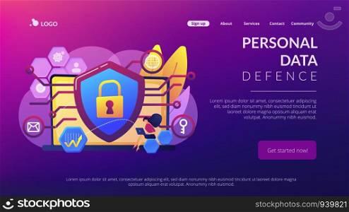 Privacy engineer at laptop with shield improving level of systems privacy. Privacy engineering, privacy-centric model, personal data defence concept. Website vibrant violet landing web page template.. Privacy engineering concept landing page.