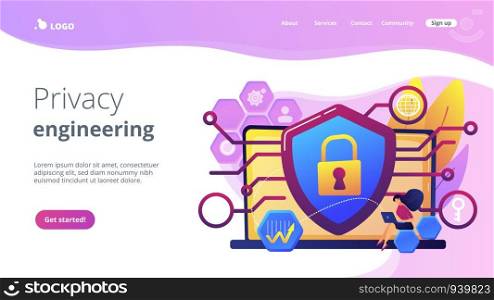 Privacy engineer at laptop with shield improving level of systems privacy. Privacy engineering, privacy-centric model, personal data defence concept. Website vibrant violet landing web page template.. Privacy engineering concept landing page.