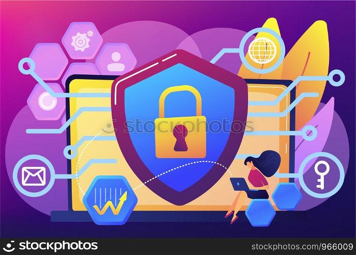 Privacy engineer at laptop with shield improving level of systems privacy. Privacy engineering, privacy-centric model, personal data defence concept. Bright vibrant violet vector isolated illustration. Privacy engineering concept vector illustration.