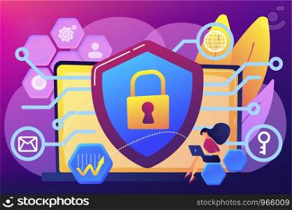 Privacy engineer at laptop with shield improving level of systems privacy. Privacy engineering, privacy-centric model, personal data defence concept. Bright vibrant violet vector isolated illustration. Privacy engineering concept vector illustration.
