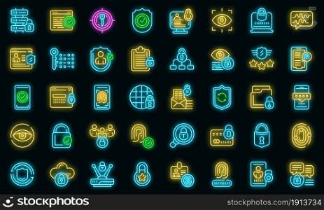 Privacy icons set. Outline set of privacy vector icons neon color on black. Privacy icons set vector neon