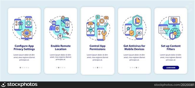 Privacy in internet tips onboarding mobile app page screen. Information protect walkthrough five steps graphic instructions with concepts. UI, UX, GUI vector template with linear color illustrations. Privacy in internet tips onboarding mobile app page screen