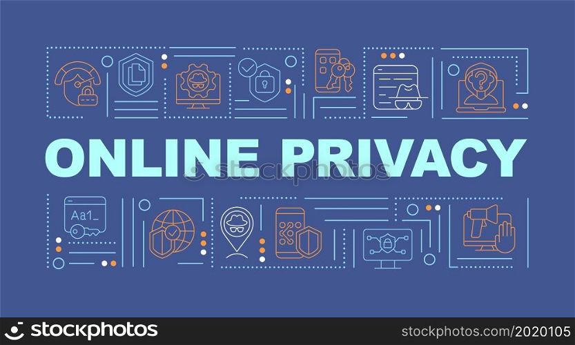 Privacy online and data security in internet word concepts banner. Infographics with linear icons on blue background. Isolated creative typography. Vector outline color illustration with text. Privacy online and data security in internet word concepts banner