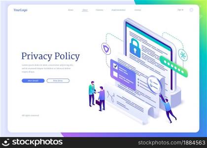 Privacy policy isometric landing page, data protection, digital security, personal confidential information online safety. Buisness people handshake at device screen with document 3d vector web banner. Privacy policy isometric landing, data protection