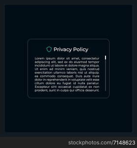 Privacy policy UI element template. Personal data. Editable isolated vector dashboard component. Flat user interface. Visual data presentation. Web design widget for mobile application with dark theme. Privacy policy UI element template