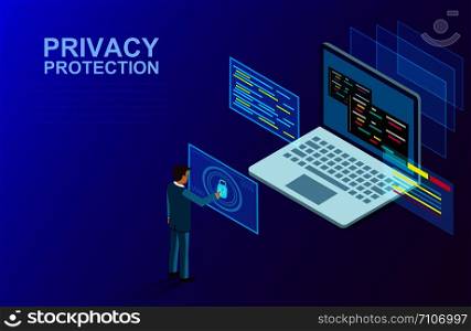 privacy protection and software for development with businessman stood in front of a computer with high security. isometric. Web pages and window, binary code, and site. illustration cartoon vector