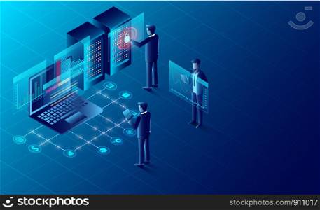 privacy protection and software for development with businessman stood in front of a computer with high security. isometric. Web pages and window, binary code, and site. illustration cartoon vector