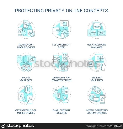 Privacy safe in internet concept icons set. Personal data internet safety idea thin line color illustrations. Tips to save information from hackers. Vector isolated outline drawings. Privacy safe in internet concept icons set