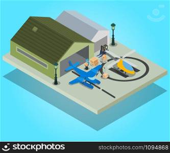 Private airport concept banner. Isometric banner of Private airport vector concept for web, giftcard and postcard. Private airport concept banner, isometric style