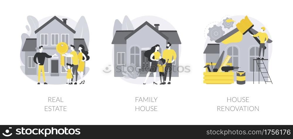 Private and commercial property market abstract concept vector illustration set. Real estate agency, family house, house renovation, home ownership, property value, mortgage loan abstract metaphor.. Private and commercial property market abstract concept vector illustrations.