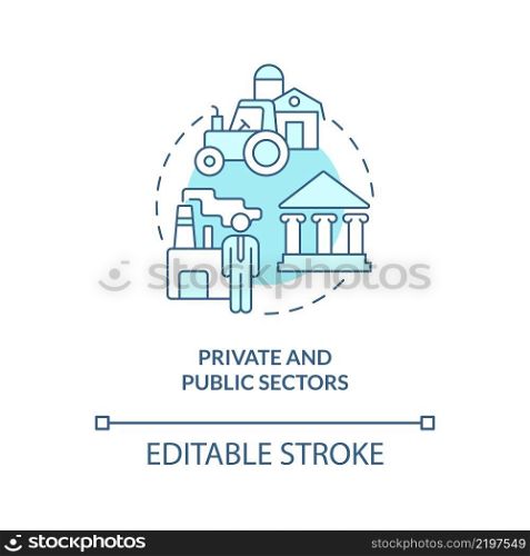 Private and public sectors turquoise concept icon. State intervention. Mixed economy abstract idea thin line illustration. Isolated outline drawing. Editable stroke. Arial, Myriad Pro-Bold fonts used. Private and public sectors turquoise concept icon