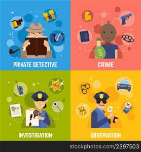 Private detective concept icons set with crime symbols flat isolated vector illustration. Private Detective Concept Icons Set