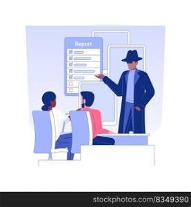 Private detective report isolated concept vector illustration. Professional private detective giving a report to a client, business people, legal service, adultery idea vector concept.. Private detective report isolated concept vector illustration.
