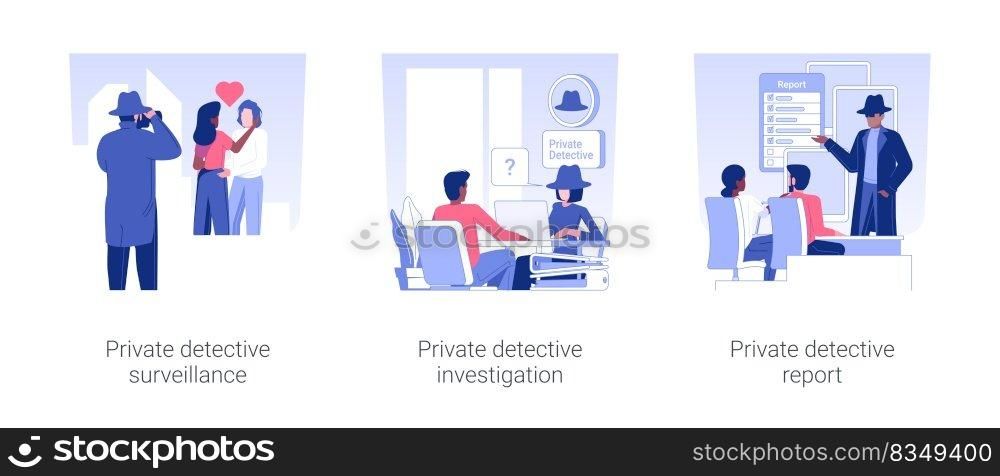Private detective services isolated concept vector illustration set. Private detective surveillance and investigation, report to a client, interviewing people, watching a couple vector cartoon.. Private detective services isolated concept vector illustrations.