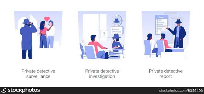 Private detective services isolated concept vector illustration set. Private detective surveillance and investigation, report to a client, interviewing people, watching a couple vector cartoon.. Private detective services isolated concept vector illustrations.