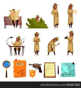 Private detective spy work cartoon icons collection with revolver magnifier forensic evidence secret documents isolated vector illustration . Private Detective Cartoon Icons Collection 