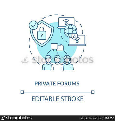 Private forum blue concept icon. Secure chat. Closed communication channel. Messaging software abstract idea thin line illustration. Vector isolated outline color drawing. Editable stroke. Private forum blue concept icon