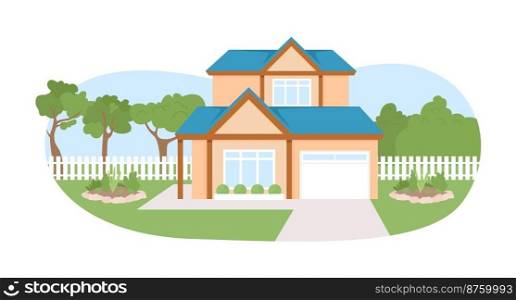 Private house 2D vector isolated illustration. Residential building exterior. Comfort home flat landscape on cartoon background. Colorful editable scene for mobile, website, presentation. Private house 2D vector isolated illustration