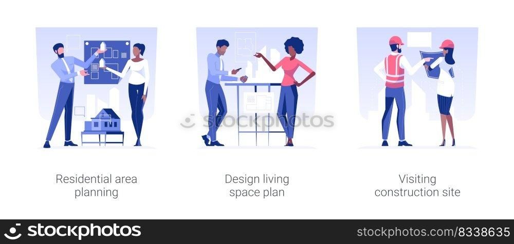 Private house building isolated concept vector illustration set. Residential area planning, design living space, architects visiting construction site, real estate project vector cartoon.. Private house building isolated concept vector illustrations.