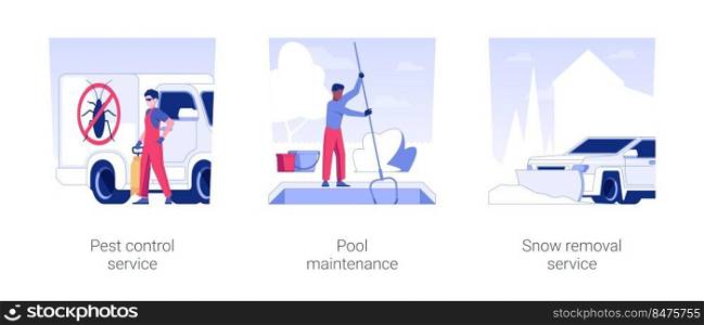 Private house maintenance isolated concept vector illustration set. Pest control, pool maintenance, snow removal service, mold removal, snow blower, cleaning and disinfection vector cartoon.. Private house maintenance isolated concept vector illustrations.