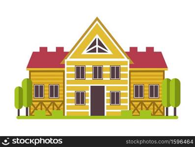 Private house or mansion, real estate, residential building isolated icon vector. Cottage or suburban construction, country home with fence. Property, exterior with grass lawn and trees, big entrance. Suburban mansion or countryside private house isolated icon