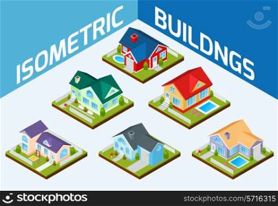 Private house real estate decorative icons set 3d isometric isolated vector illustration