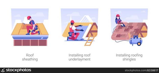 Private house roofing isolated concept vector illustration set. Roof sheathing, installing roof underlayment and shingles, contractors setting tiles, residential area construction vector cartoon.. Private house roofing isolated concept vector illustrations.