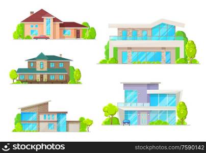 Private houses and homes, residential real estate vector flat facade icons. Modern family house, luxury villa, mansion and cottage, townhouse property, duplex apartments facades with garage and garden. Real estate houses and cottage buildings