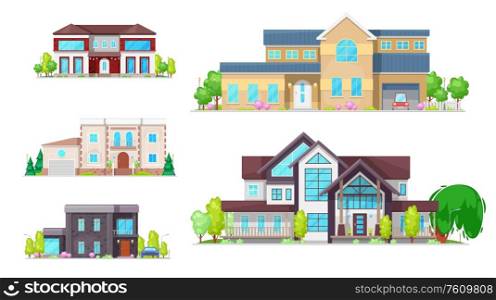 Private houses and homes, residential real estate vector icons. Family house, villas, mansions and cottages, modern townhouse property, duplex apartments facades with garage and garden. Residential villas, mansions and family houses
