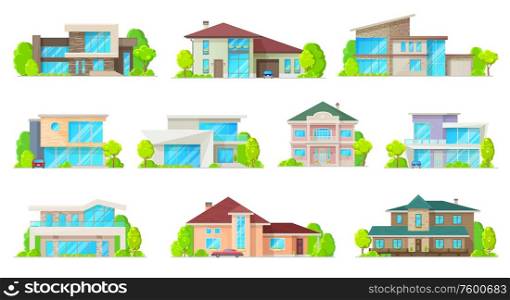 Private houses and hones, reals estate facades vector flat icons. Residential villas and mansion buildings, family houses, cottages, townhouse property, luxury duplex apartments with garage and garden. Residential real estate, private houses buildings