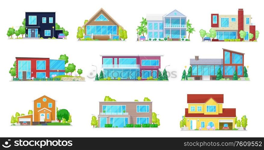 Private houses, villa, mansion and cottage, residential buildings, real estate vector icons. Modern facades of townhouse property, family house, duplex apartments and lodge with garage and garden. Flat icons, home, house, villa mansion and cottage