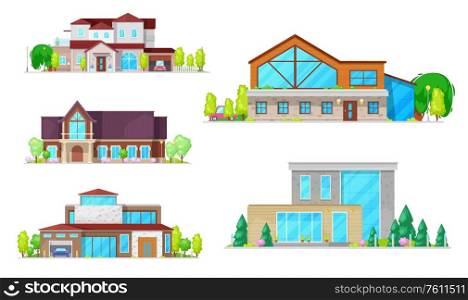 Private houses, villas and mansion buildings, real estate vector flat icons. Family houses and cottages, townhouse property, luxury duplex apartments with garage and garden. Residential houses, villas and mansion buildings