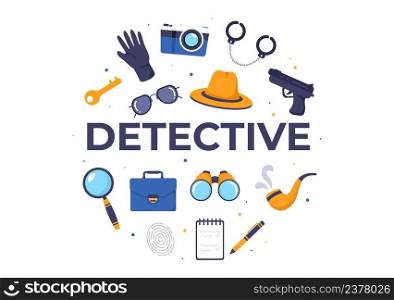Private Investigator or Detective Who Collects Information to Solve Crimes with Equipment such as Magnifying Glass, Handcuffs and Other in Cartoon Background Illustration