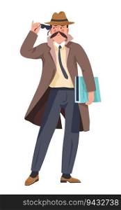 private investigator or officer working on case undercover, isolated man character wearing coat and sunglasses holding top secret files and confidential documents. Vector in flat style illustration. Detective working undercover, private investigator