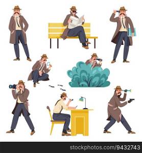 private investigators working undercover, isolated detectives or officers in coat and hat hiding in bushes and looking through binoculars. Man on mission, following criminal. Vector in flat style. Detectives on mission, private investigators