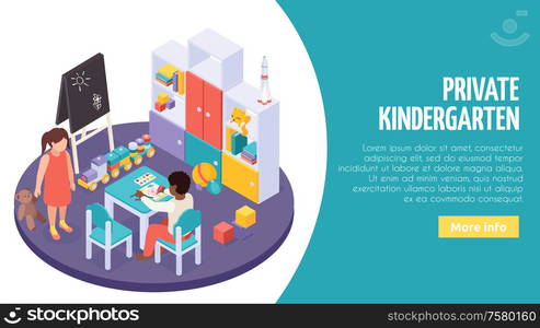 Private kindergarten small classroom interior with individual play learning activities combination isometric web page banner vector illustration