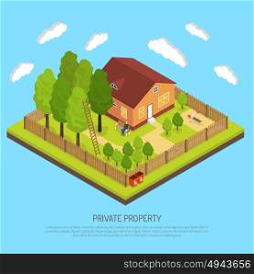 Private Property Boundary Fences Isometric Illustration . Private suburb property with fence boundary isometric image with piece of land and country house abstract vector illustration