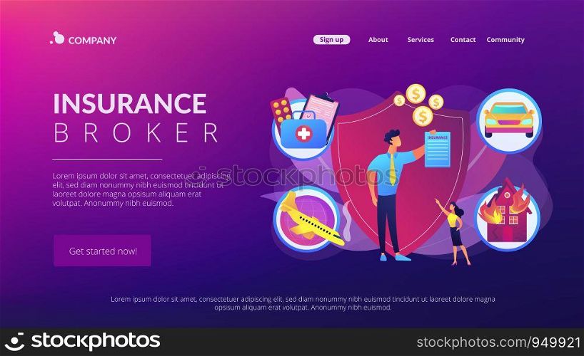 Private property, transport and life protection. Insurance broker, insurance brokerage services, insurance agent near you concept. Website homepage landing web page template.. Insurance broker concept landing page